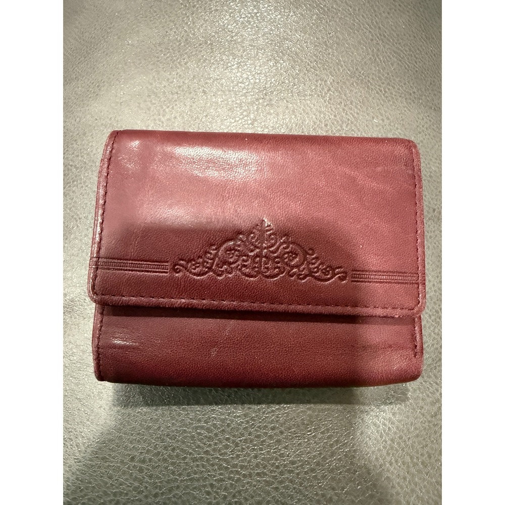 Burgundy Genuine Leather Trifold Wallet Kiss‎ Lock Coin Purse Embossed Filigree